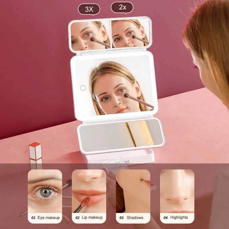 Tri-Fold Makeup Mirror with Led Light Rotable Cute Compact Desk Vanity Mirror 3 Tone Lights with 2X/3X Magnifying for Travel M251122