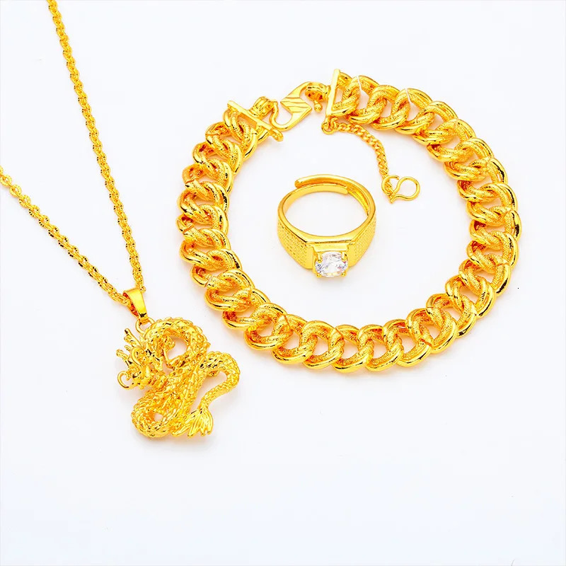 AU999 24K Gold Mens Dragon Set Polished Pendant Matte Wide Bracelet MicroDiamond Ring Head 251114