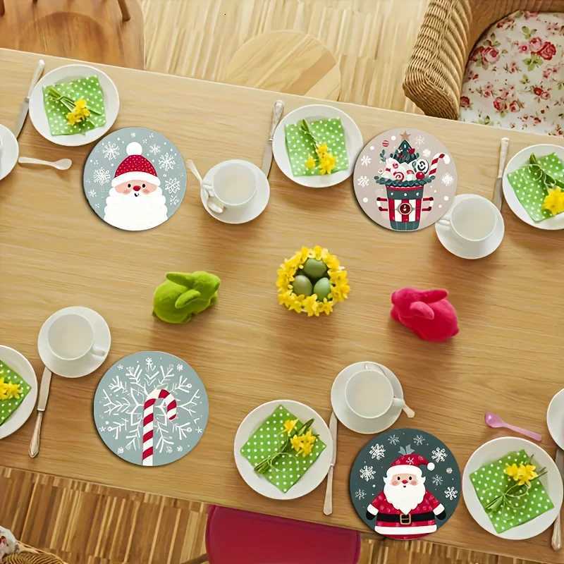 7PCS Christmas Santa Wood Coaster Set - Festive Holiday Drink Mats for Coffee Tea Perfect for Home Decor Restaurant Tables C251122