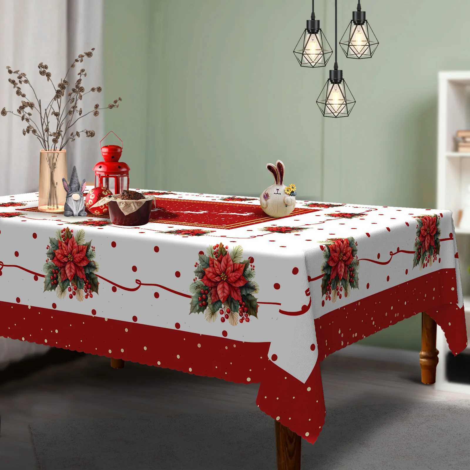 1 Piece Merry Christmas Red Ribbon Bouquet Tablecloth Elk Santa Claus Table Cover Holiday Tablecloth Tablecloth Home Decoration Christmas Decorations 