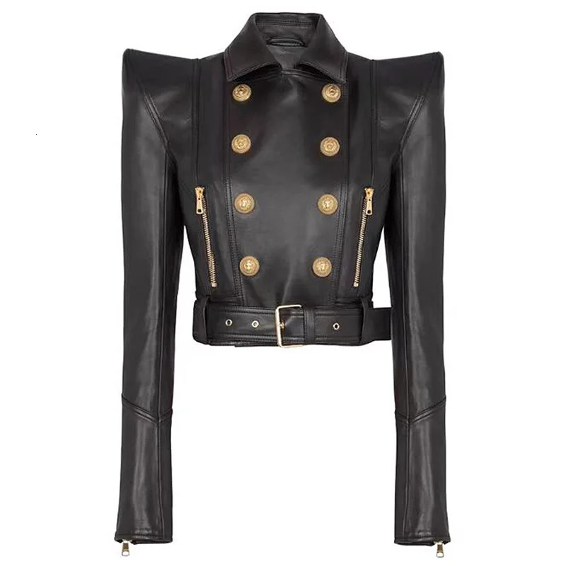 High quality 2025 fashion personality shrugged double breasted zipper short womens motorcycle leather jacket 251114