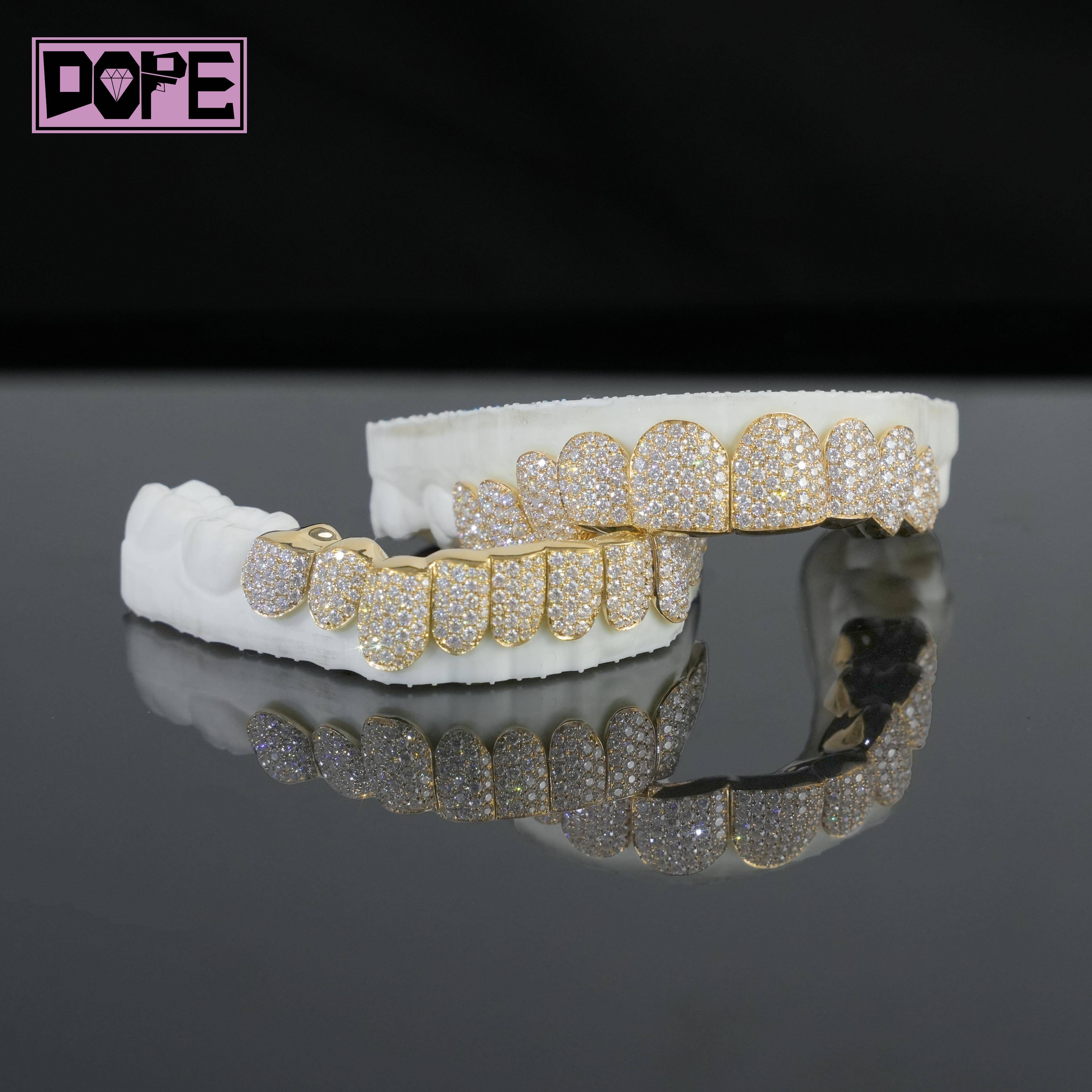 Iced Out Hiphop Jewelry Grillz Honeycomb Set Perm Cut 925 Silver 18K Gold Plated Moissanite Grillz