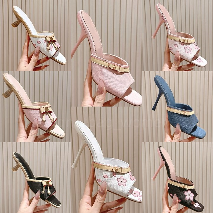 Top Quality Heel Denim Slippers Jacquard Weave Slides Mule Sandals Heels Slip On Stiletto Heeled Open Toe Shoes Women's Luxury Designer Leather Evening Shoe Factory