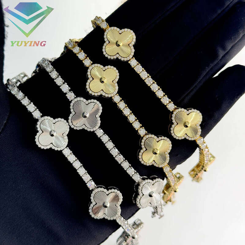 Fashion Four-Leaf Lucky S Sier 3mm Moissanite Laser Engraved Clover Tennis Chain Jewelry Bracelet