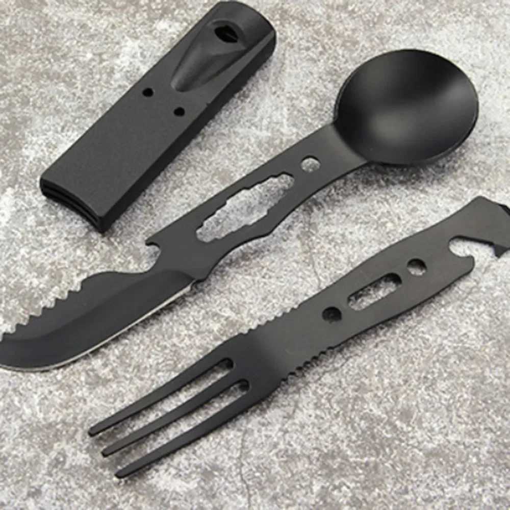Multifunctional Camping Knife Outdoor Set Stainless Steel Utensils with Whistle Spoon Fork Windproof Combination Gear J251121