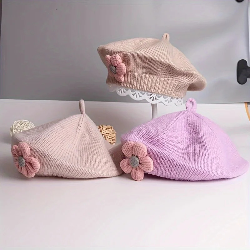 Flower Treasure Baby Thunder Hat Winter Warm Knitted Bean Girl Korean Preschool Princess Artist Solid Color Paint 250414z