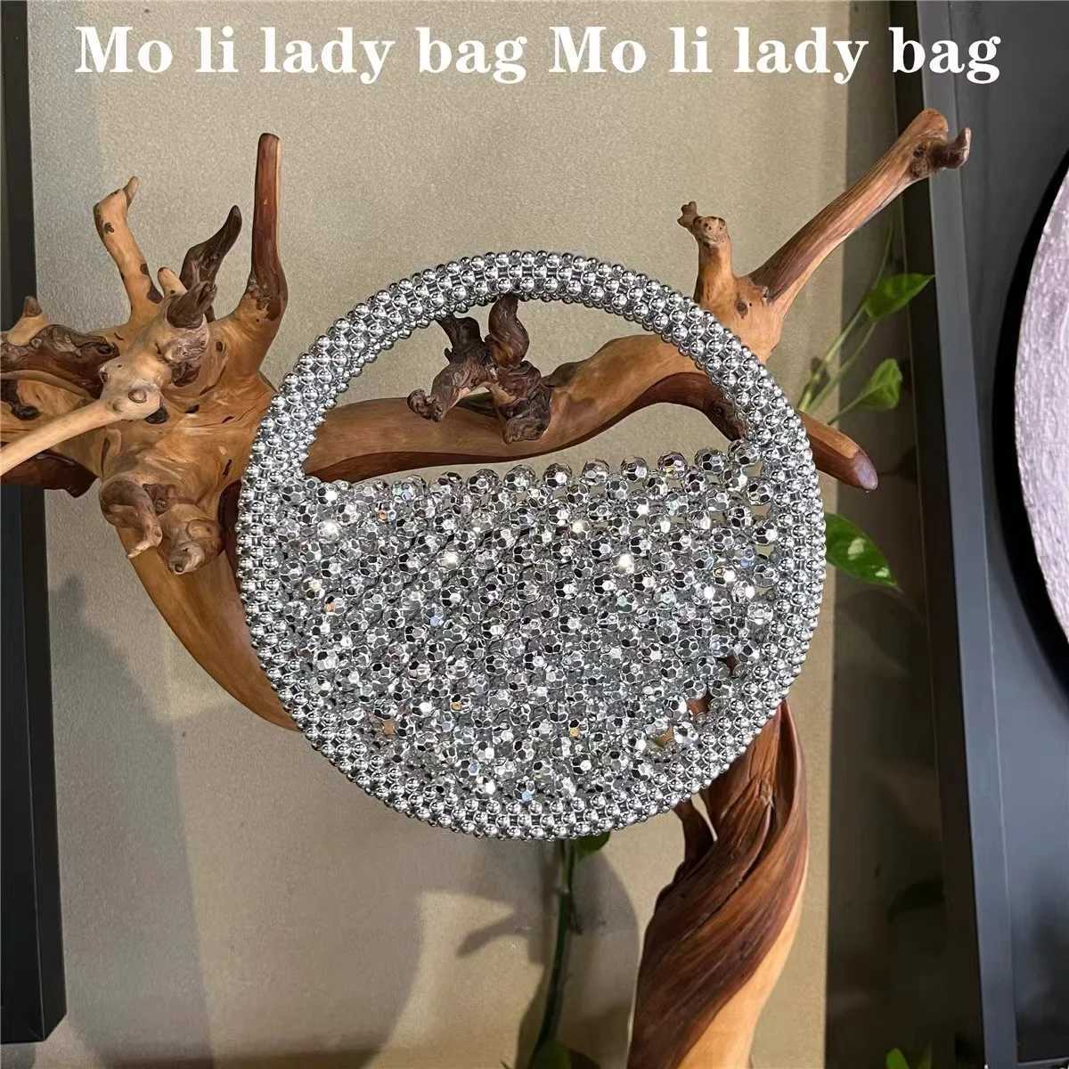 Shiny Beads Beading Woven Handmade Circular Bag Women Fashion Handbag Hollow Out Casual Bag Female Shoulder Bag Mobile Phone Bag K251121