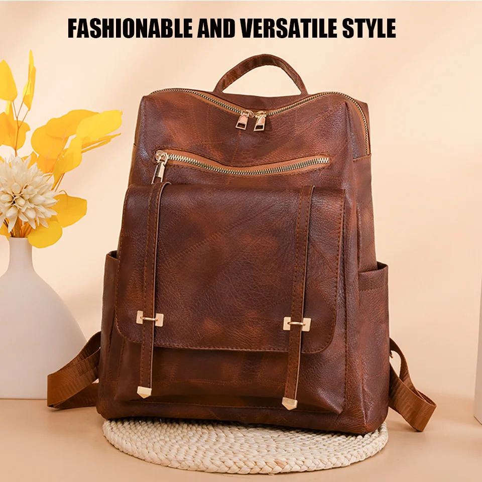 Trendy Womens Backpack Vintage Pu Leather Daypack Brown Casual Travel Bag Retro Student School Sac 251111
