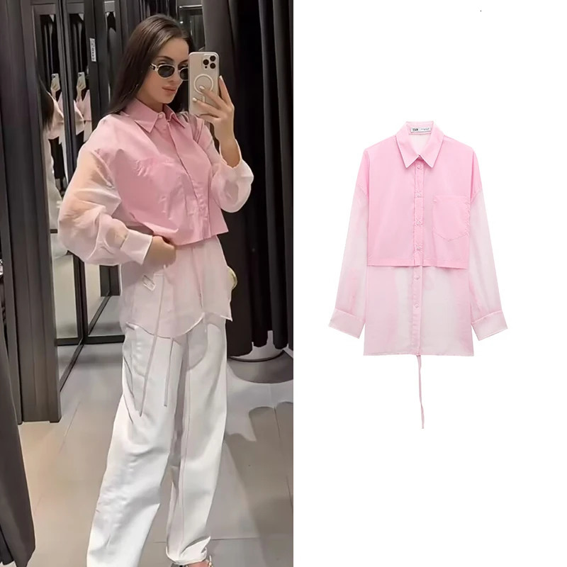 Blouses 2025 Shirts Spring Chic Pink Loose Perspective Elegant Womens Tops Street Youth Fashion 250410