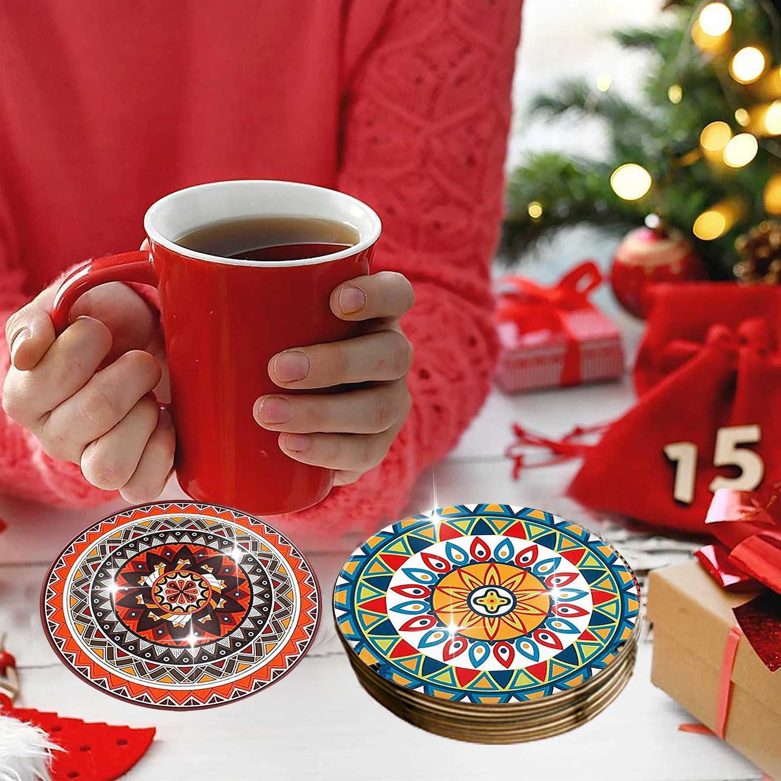 8 pieces/set of mandala patterned wooden anti-slip coasters suitable for home office and living room decoration C251122