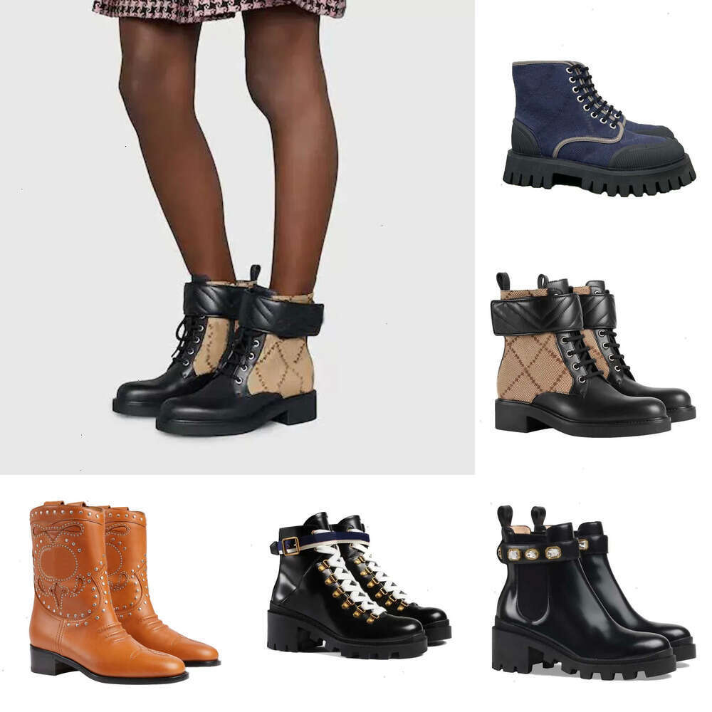 Autumn Winter Luxury Designer Shoes Women buckle Lace-Up strap flat high heel Martin boots High Quality Womens Leather canvas cowboy Classic Cool Half Ankle booties