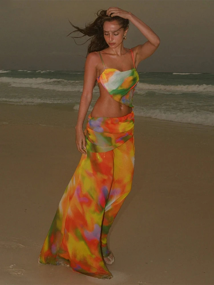 ZRTAK sexy wrapped apron top cut mesh cover printed beach long skirt beachwear womens Maxi 250415Z