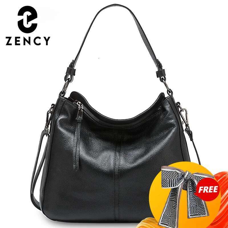 Zency Genuine Leather Elegant Women Shoulder Bag Classic Black Hobos Roomy Casual Tote Handbag Crossbody Messenger Grey Bag