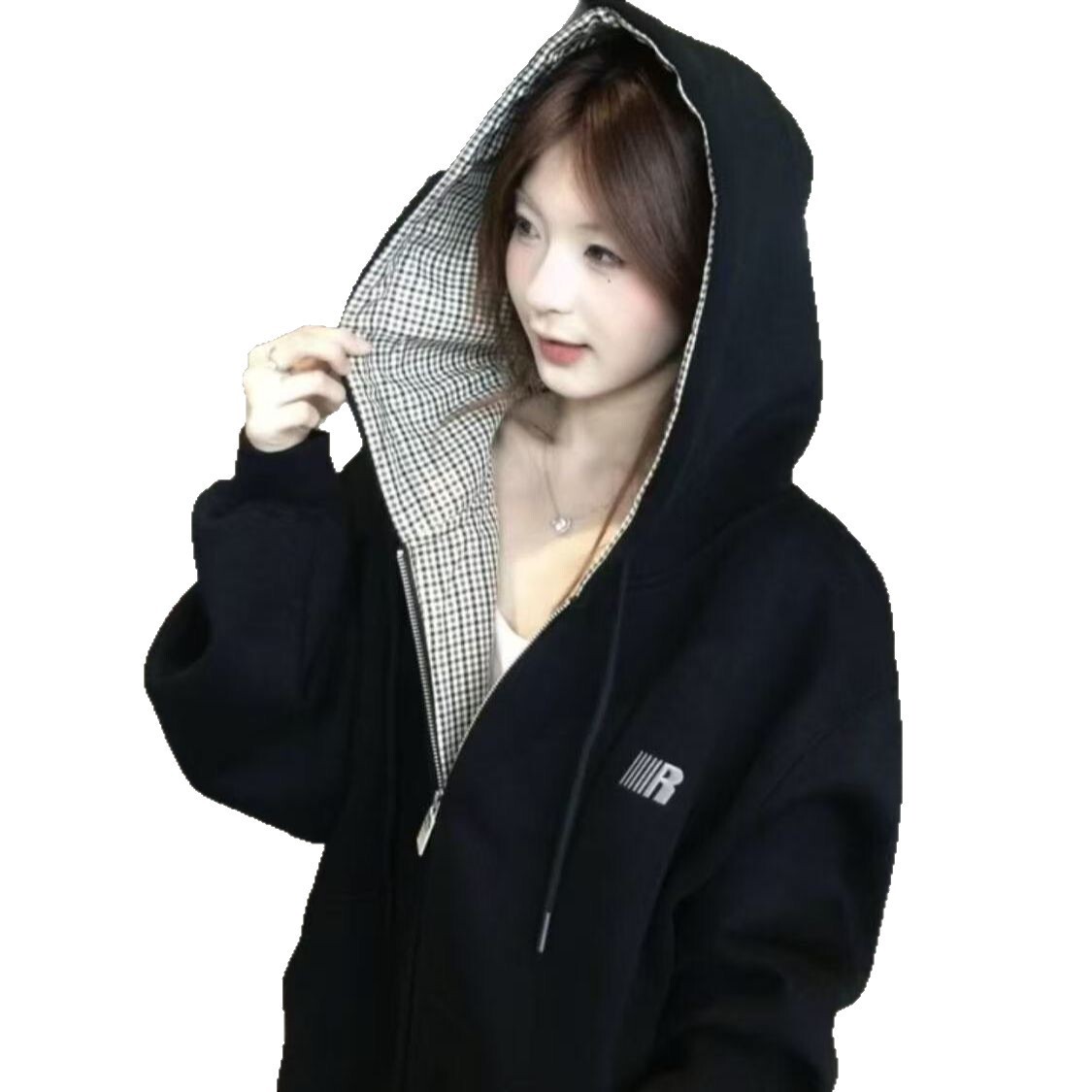 American designer retro plaid hooded sweatshirt jacket, women's new hot item, early autumn Korean style outfit, huge and beautiful top