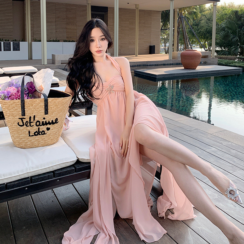 Designer Casual Dresses Elegant Sweet Style dress Summer Halterneck Strapless Chiffon Floor-length Backless Asymmetrical Elastic Waist Dress for Party