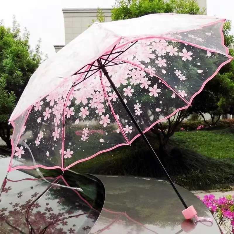 Thickening Transparent Three Fold Rain Umbrella Japanese Cherry Blossom Plastic PVC Clear Falbala Umbrellas Women parapluieM251122