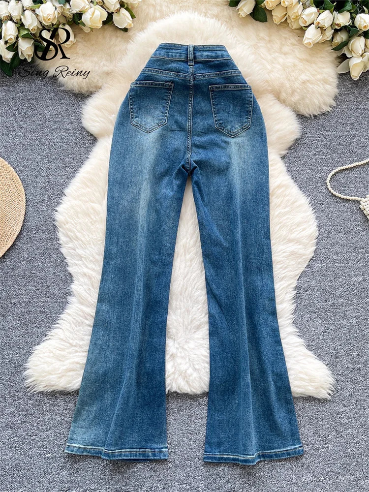 SINGREINY Autumn Diamond Denim Long Pants Womens Pockets Bodycon sweet Casual Trousers Fashion Shiny Retro Wide Leg Jeans 251111
