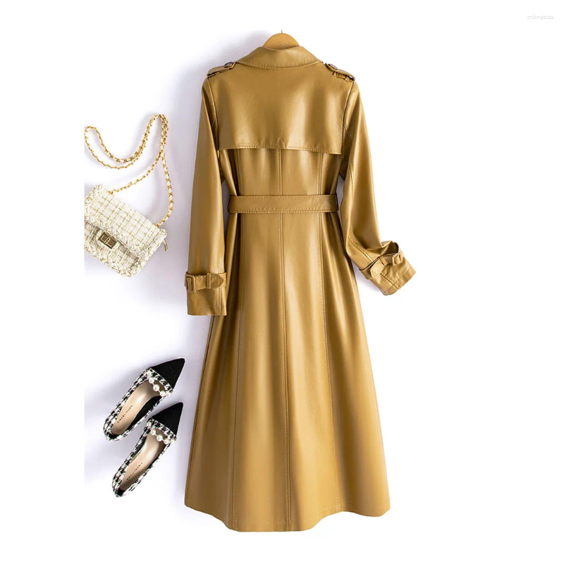 Womens Trench Coats Chic Double-breasted Lace-up Belt Genuine Leather Coat For Women Mid-Length Real Sheepskin Outwear Fall Winter