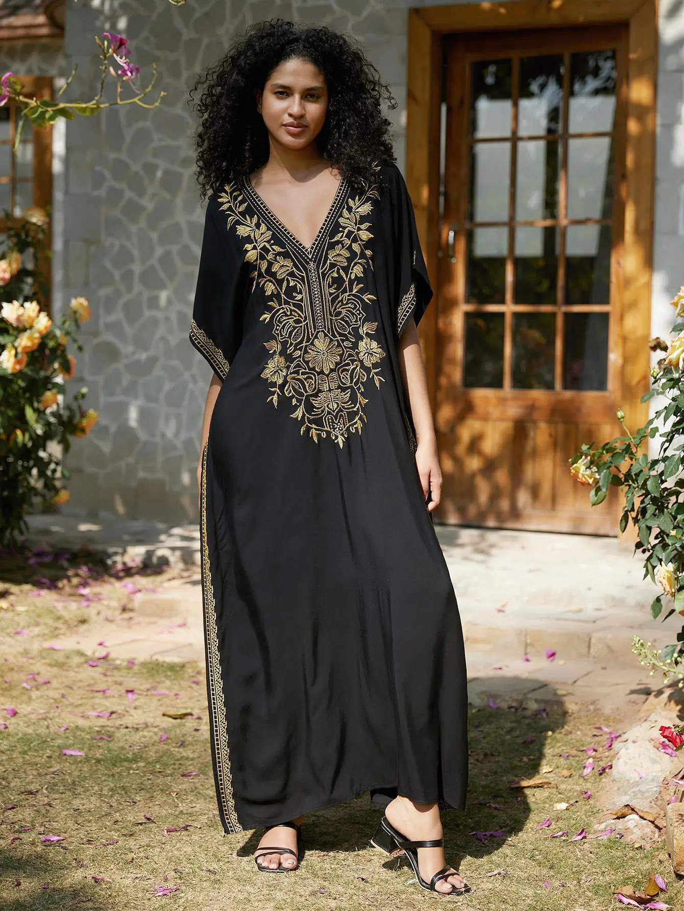 Golden embroidery long Kaftan dress Vneck beach coat womens 250415Z