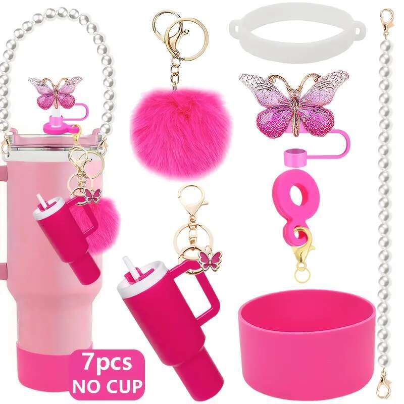 Accessories Stanley Cup 30oz 40oz,pearl Hairball Decorations for Stanley, Including Silicone Straw Cover Cap and Boot, Spill Proof Stopper, Handle Cha