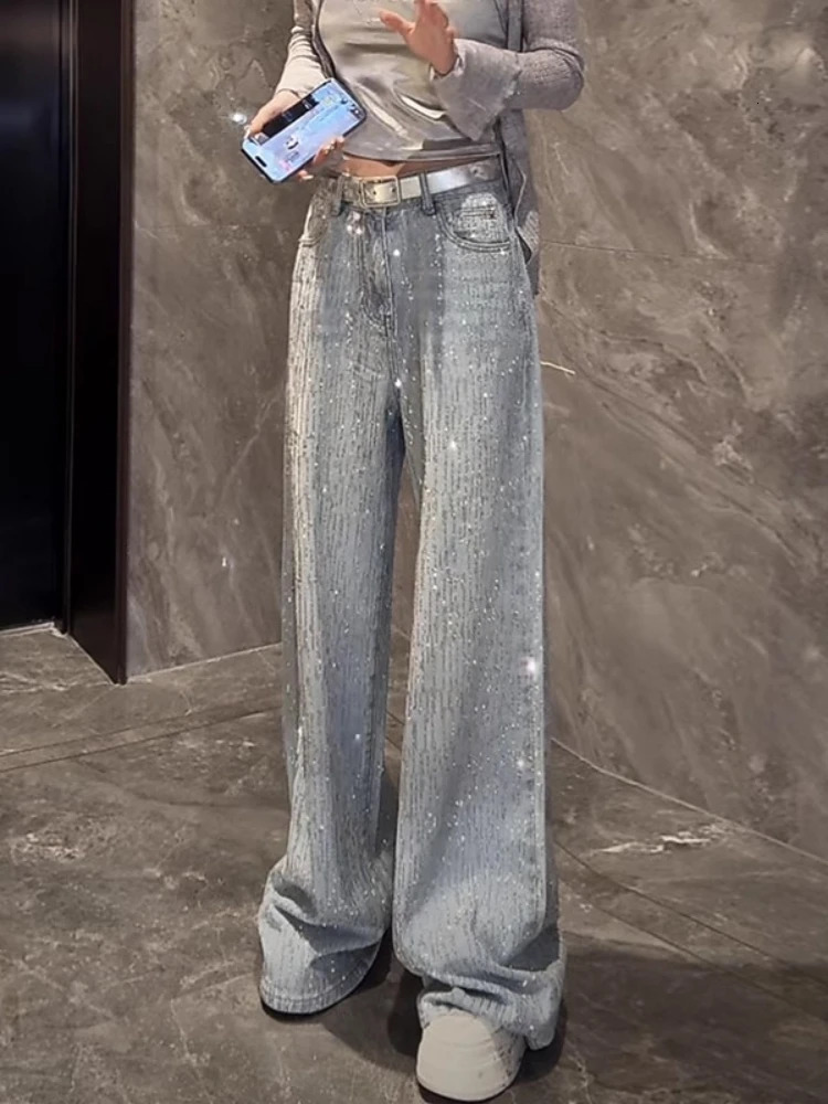 Womens Summer Star Diamond Jeans n Sense High Waist Loose Wide Leg Pants Casual Floor Trendy Long Pants 251111