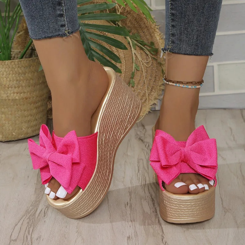 Sweet womens highheeled slippers slope heel bow summer comfortable and elegant thick soled shoes 250421BJ - view 5