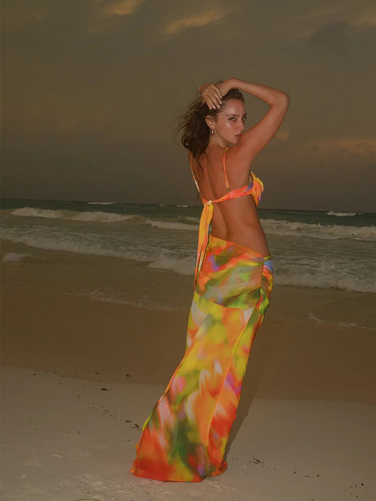 ZRTAK sexy wrapped apron top cut mesh cover printed beach long skirt beachwear womens Maxi 250415Z
