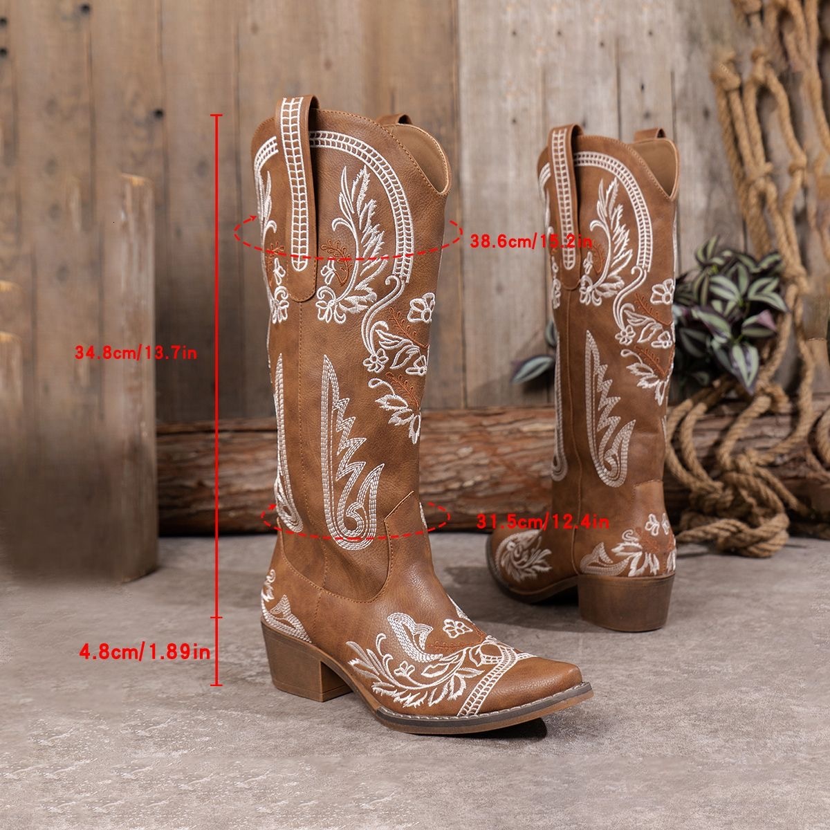 Womens Sparkly Cowboy Boots Wide Calf Knee High Pointed Toe Zipper Closure Brown Western Chunky Heel Fabric Boots Sparkly Detail Durable Fabric Lining