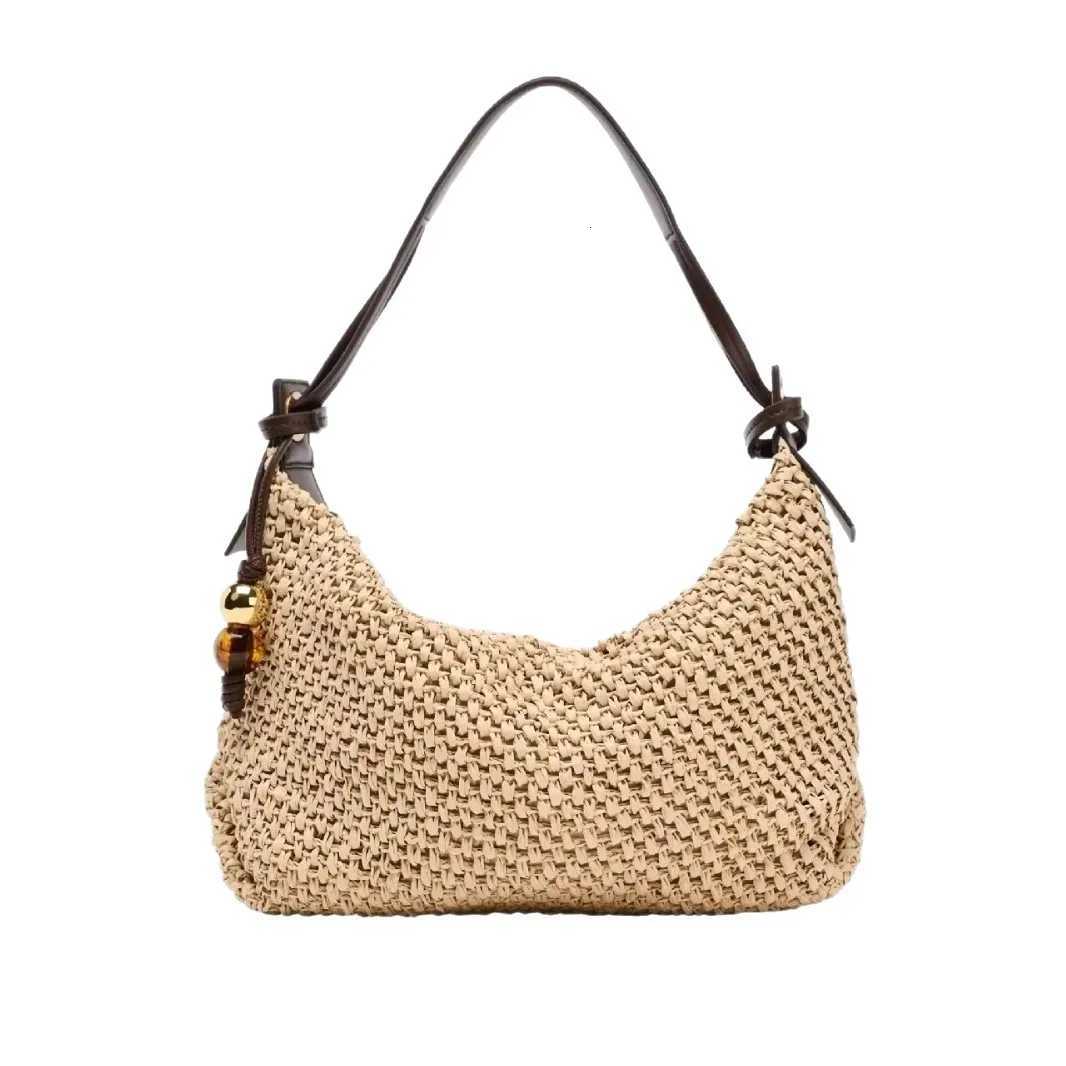 Casual Hobos Straw Bag Designer Woven Women Shoulder Bags Vintage Bead Deco Handbags Handmade Summer Beach Bag Small Tote PursesT251122