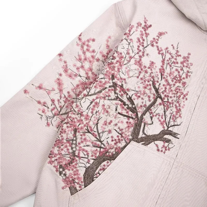 American Trend Retro Cherry Blossom Embroidery Oversize Zipper Hoodie Mens Y2K Harajuku Hip-Hop Gothic Couple Sweatshirt 251120