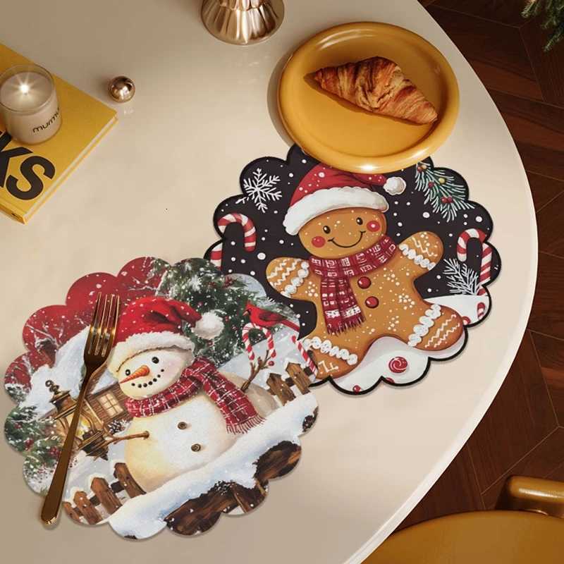 4pcs/set Christmas Placemat Cartoon Santa Claus Round Coaster Snowflake Dining Table Heat Insulation Pad Xmas Decor C251122