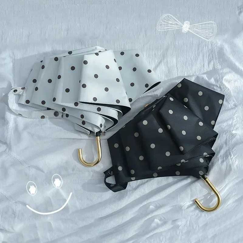 Vintage Polka Dot UV Folding Umbrella Rainproof Sun Rain Gear Compact Sunscreen Outdoor Travel Sun Protection Parasol UmbrellaM251122