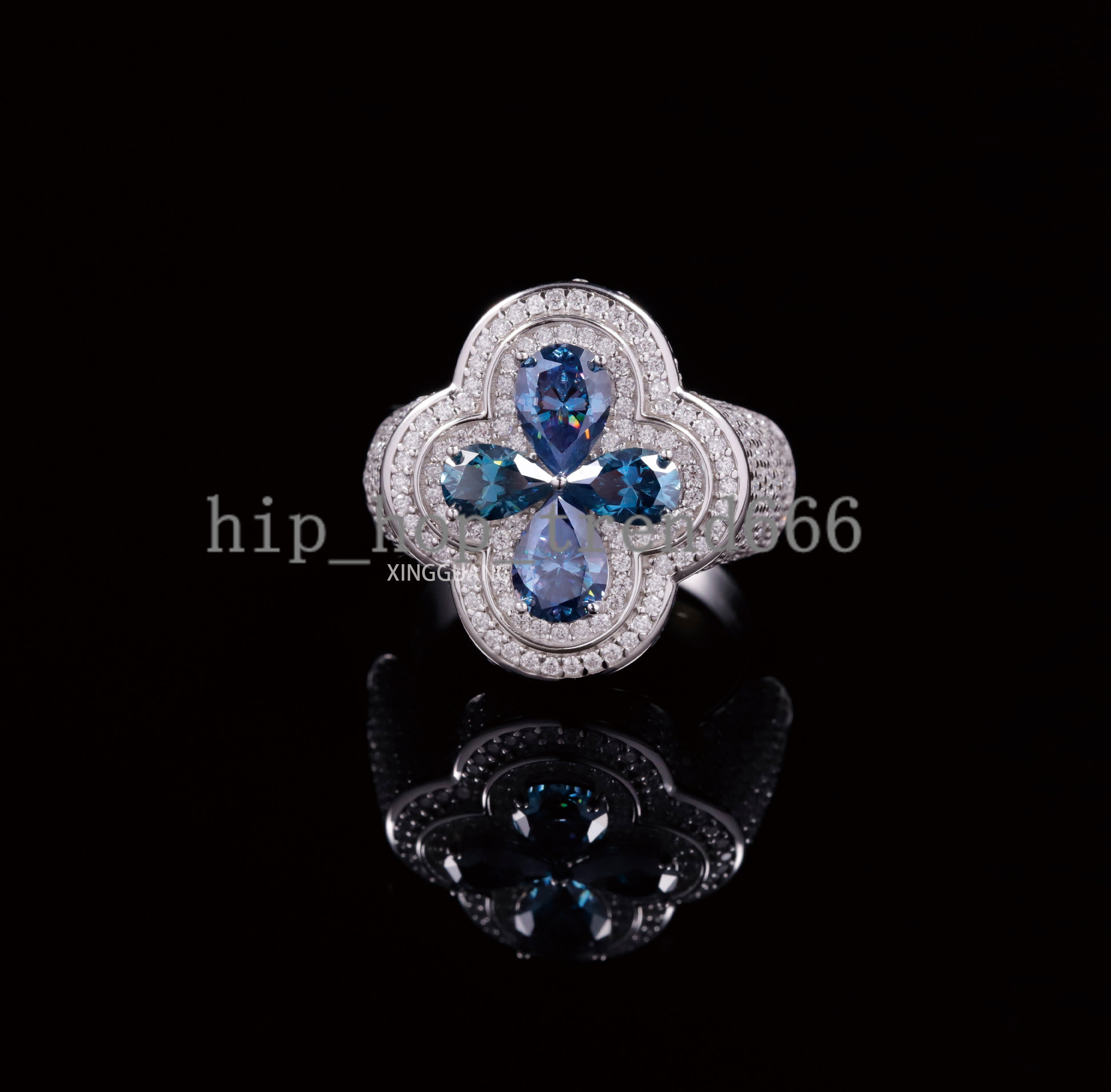 Hot Selling New Arrival Colours Moissanite Ring S925 Silver with D Color VVS Moissanite Ring Hip Hop Clover Ring