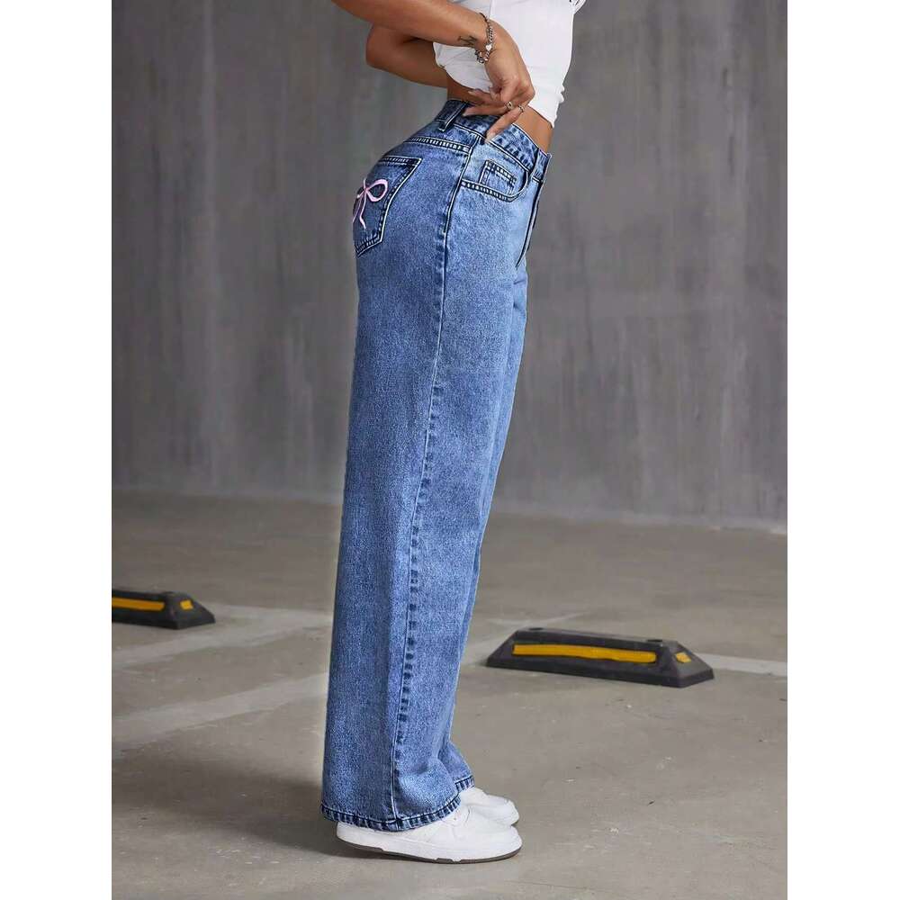 DHessentials Fashionable Women's Mid - Waist Straight - Leg Blue Denim Pants