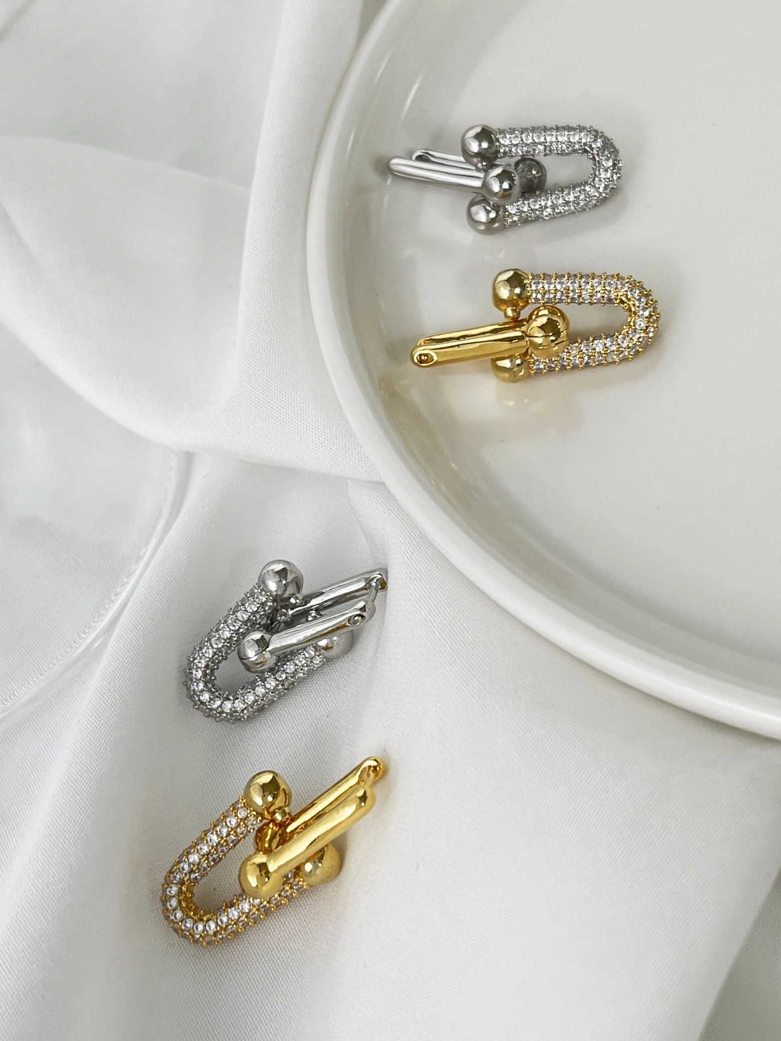 Perisbox statement Gold plated block U-shaped chain ring earrings with inlaid cubic zirconia fashionable accessoriesXJ250421