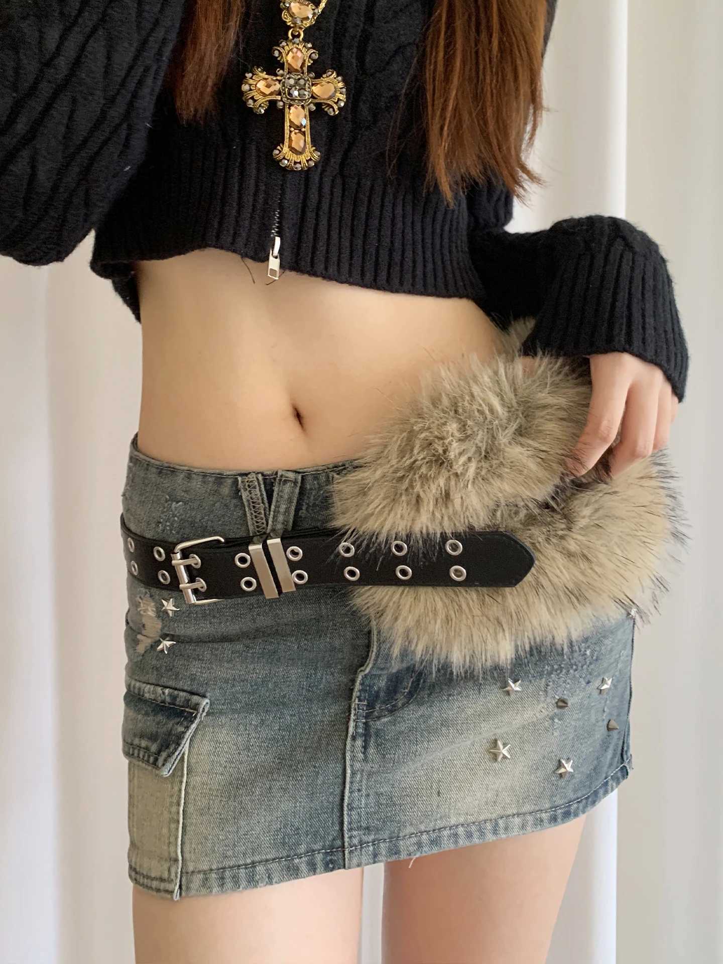 Retro Punk Style Y2k Fivet-Free Furry Patchwork Belt For Women Niche Subculture Spicy Girl Style Belt J251122