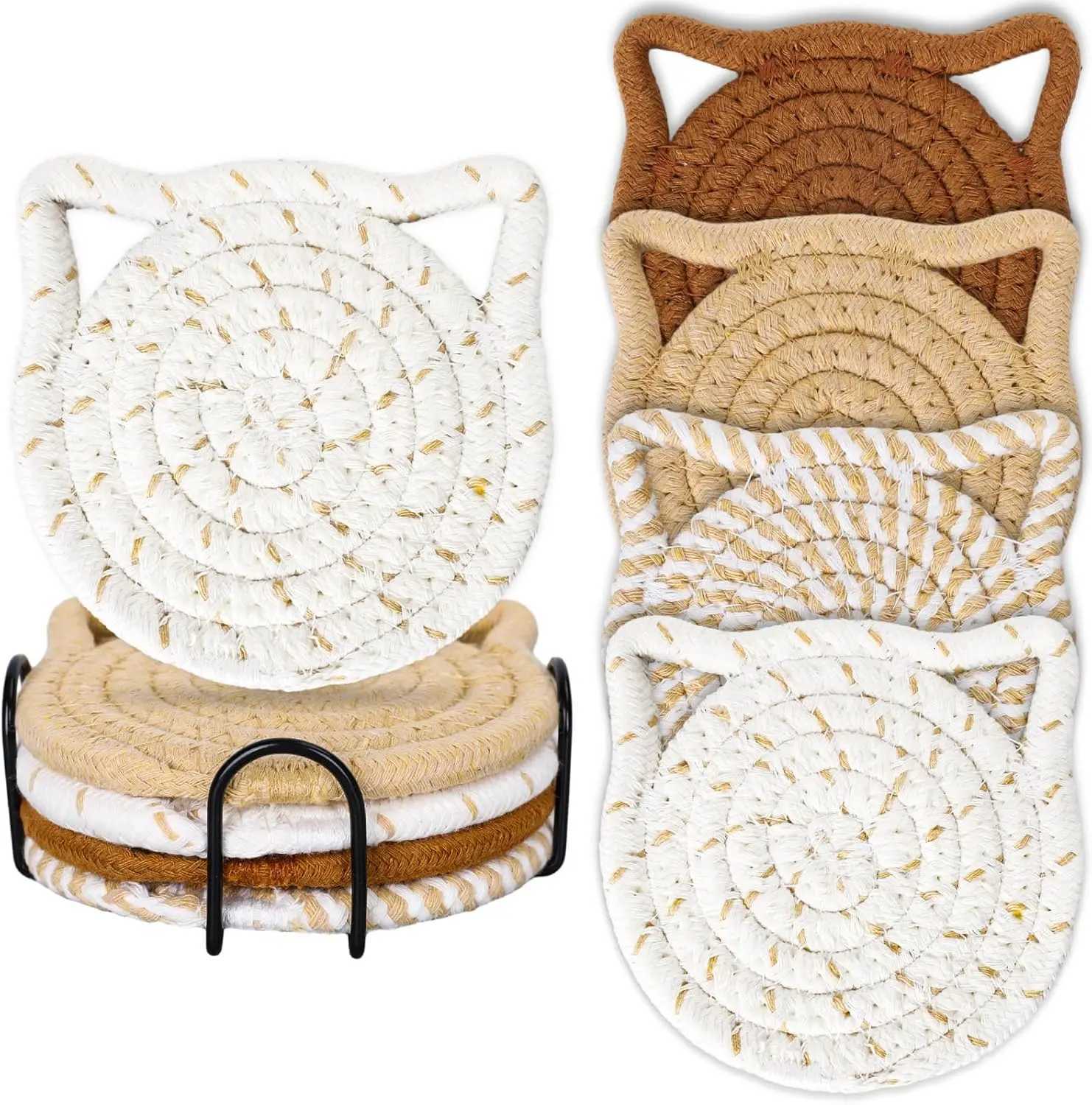 Cat Ear Coasters Set Brown White Handmade Braided Cotton Coasters Non-Slip Absorbent Drink Coaster with Holder C251122