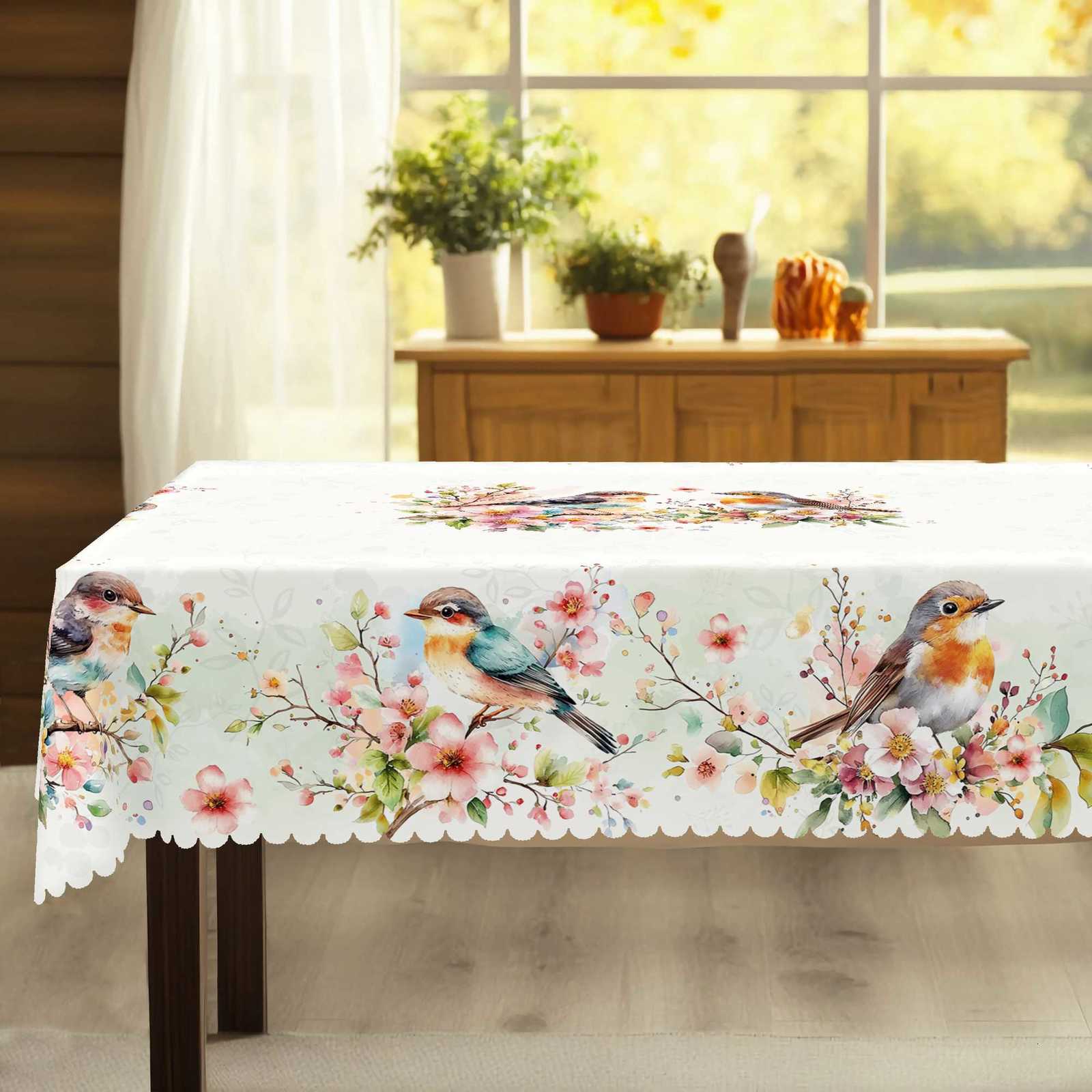 1 Piece of Spring Flower and Bird Round and Rectangular Tablecloths Various Sizes Available Spring Flower and Bird Pattern Printed Decorative Tableclo