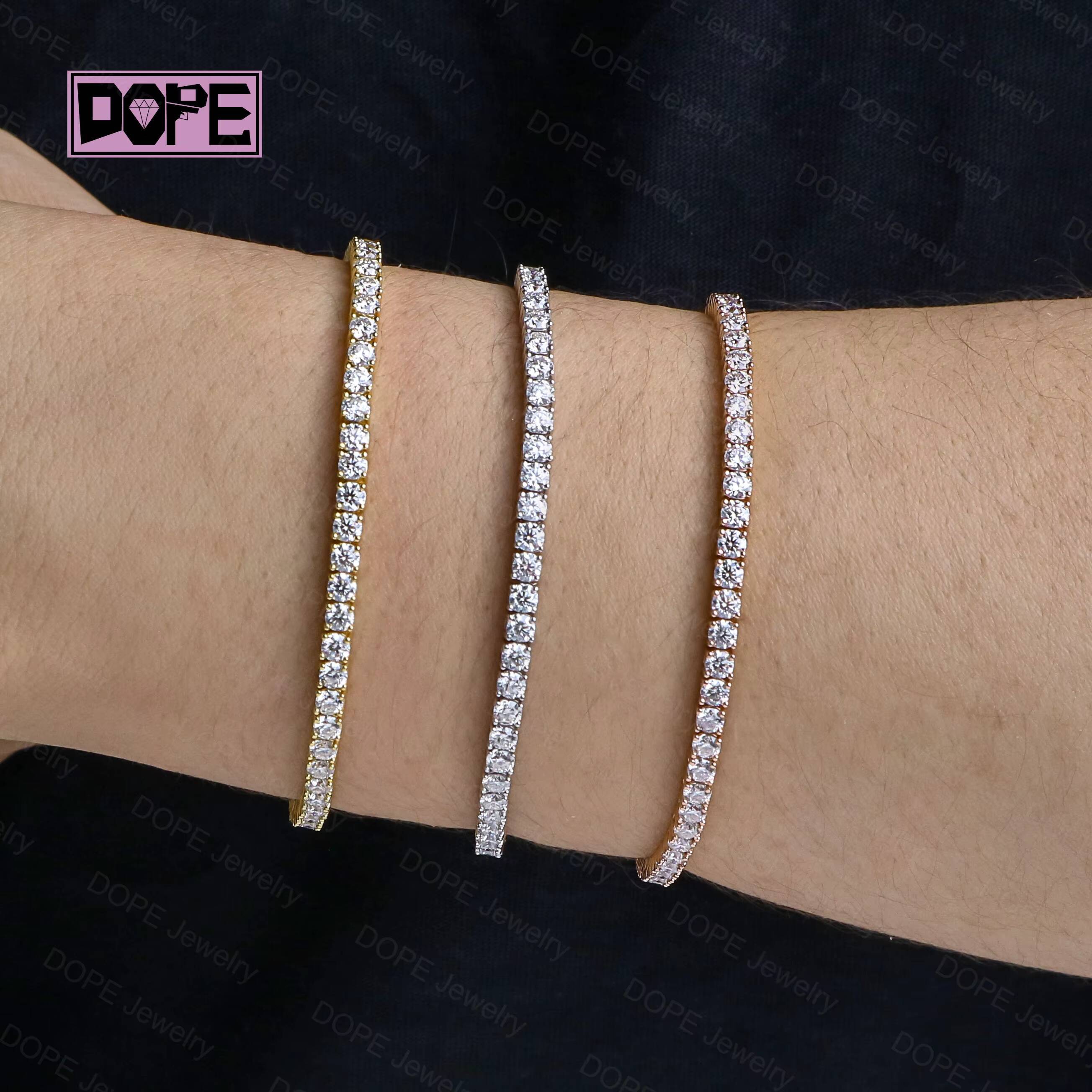 Wholesale 3mm Moissanite Bracelet 3 Color 18k Gold Plated VVS Iced Out 925 Silver Moissanite Tennis Bracelet