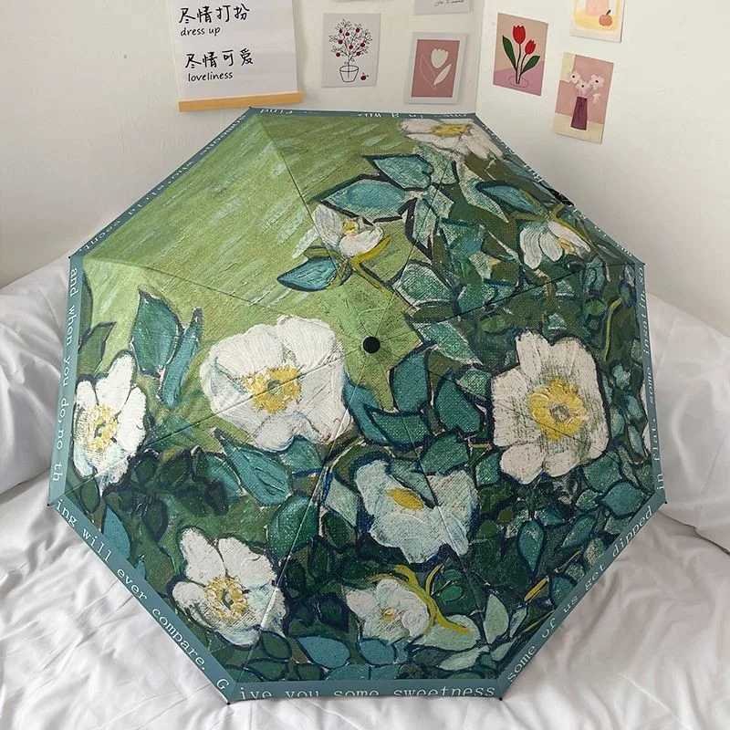 Van Gogh oil painting umbrella wild rose dual-purpose umbrella light luxury American retro umbrella British style cheap sunscreeM251122