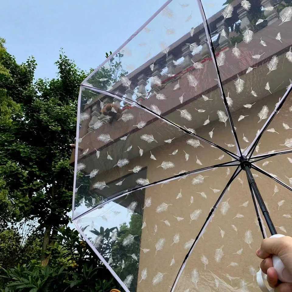 1 piece of compact fully automatic transparent feather umbrella suitable for taking photos couple umbrella windproof rainproof sM251122
