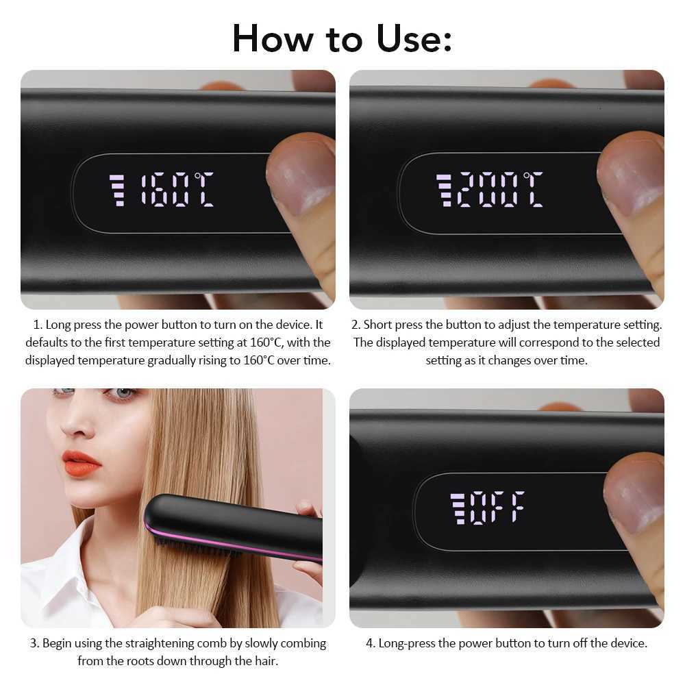 USB Ceramic Heating Straight Hair Comb Electric Wireless Portable Negative Ion Styling Tool Rechargeable Straightening CombT251122