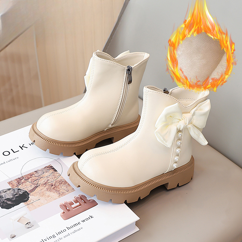 New designer shoes Children s Martin Short Boots with Fleece Lining Double Cotton Leather Boots New Autumn Winter Princess Shoes Bowknot Fashion Girls