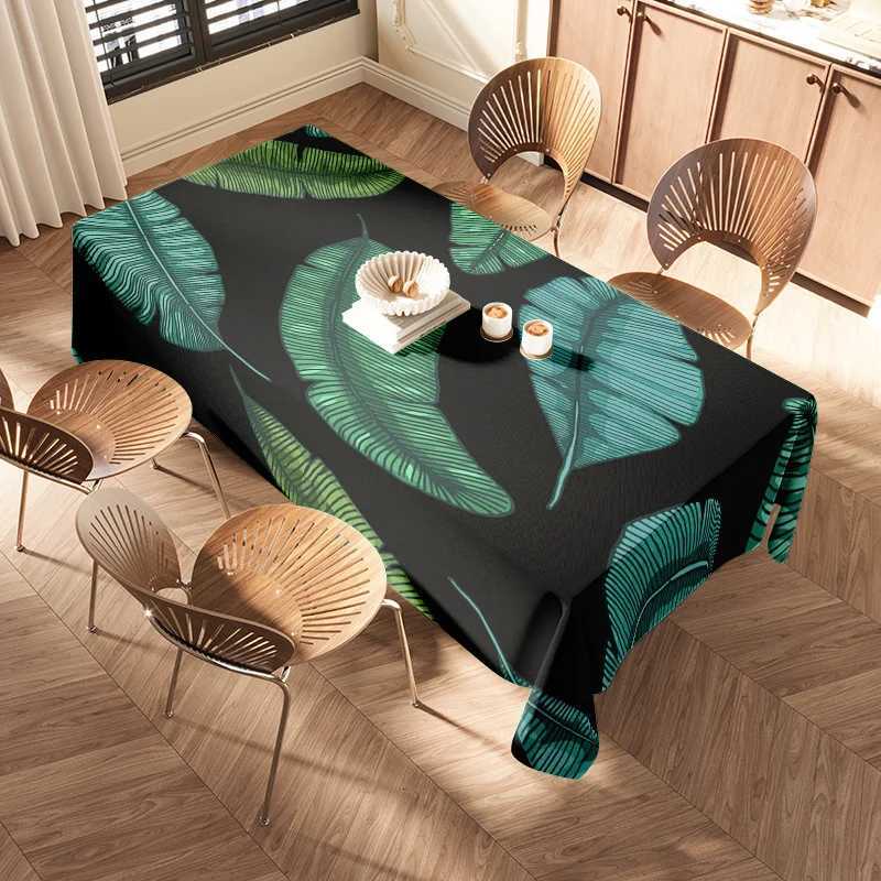 Luxury Green Leaf Print Tablecloth Waterproof Non-Slip Dining Cover for Home Decoration Black Blue C251122
