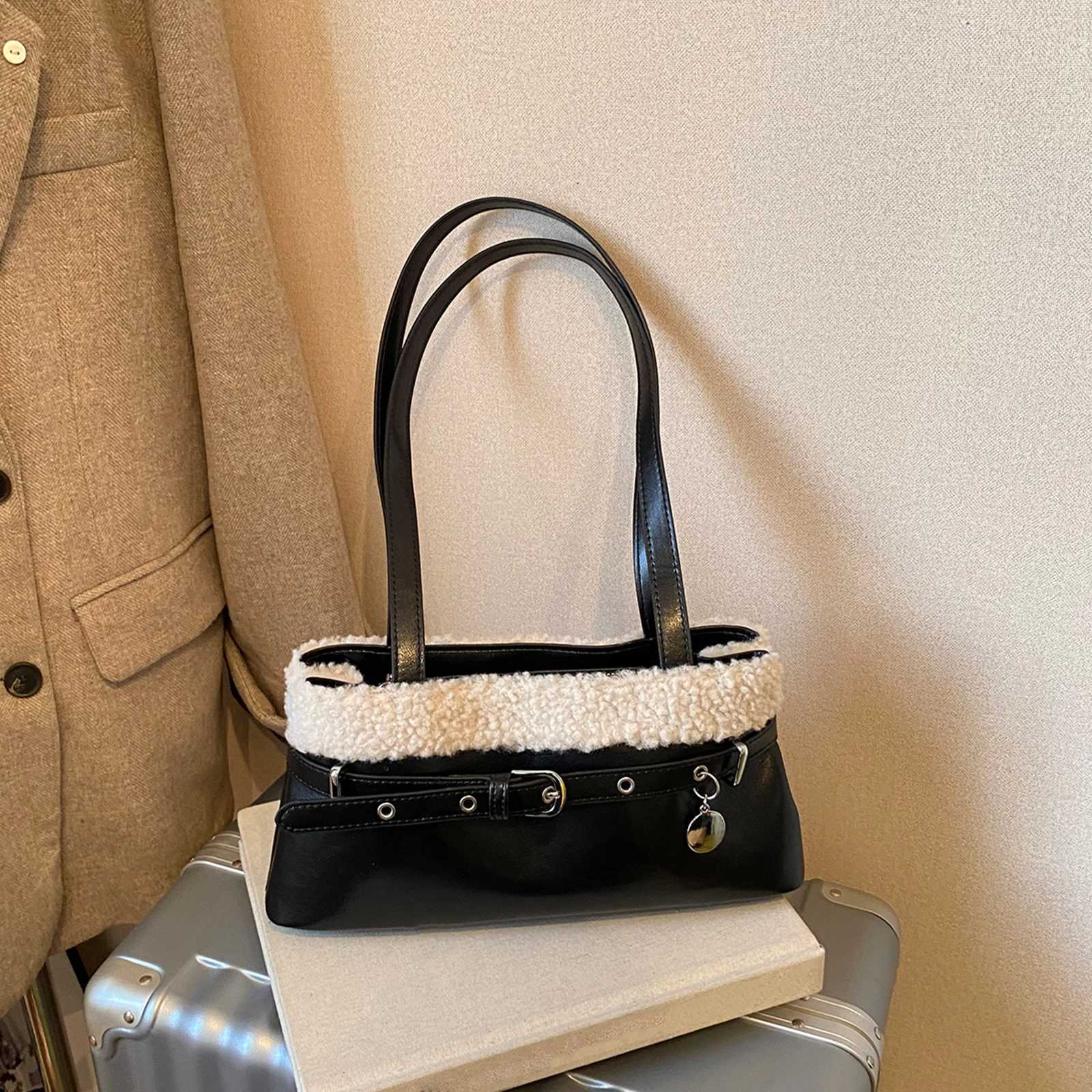 Women PU Lambswool StiTChing Vintage Shoulder Bag with Belt Small SaTChel Tote Bag Hobo Bag for Daily School Travel K251121