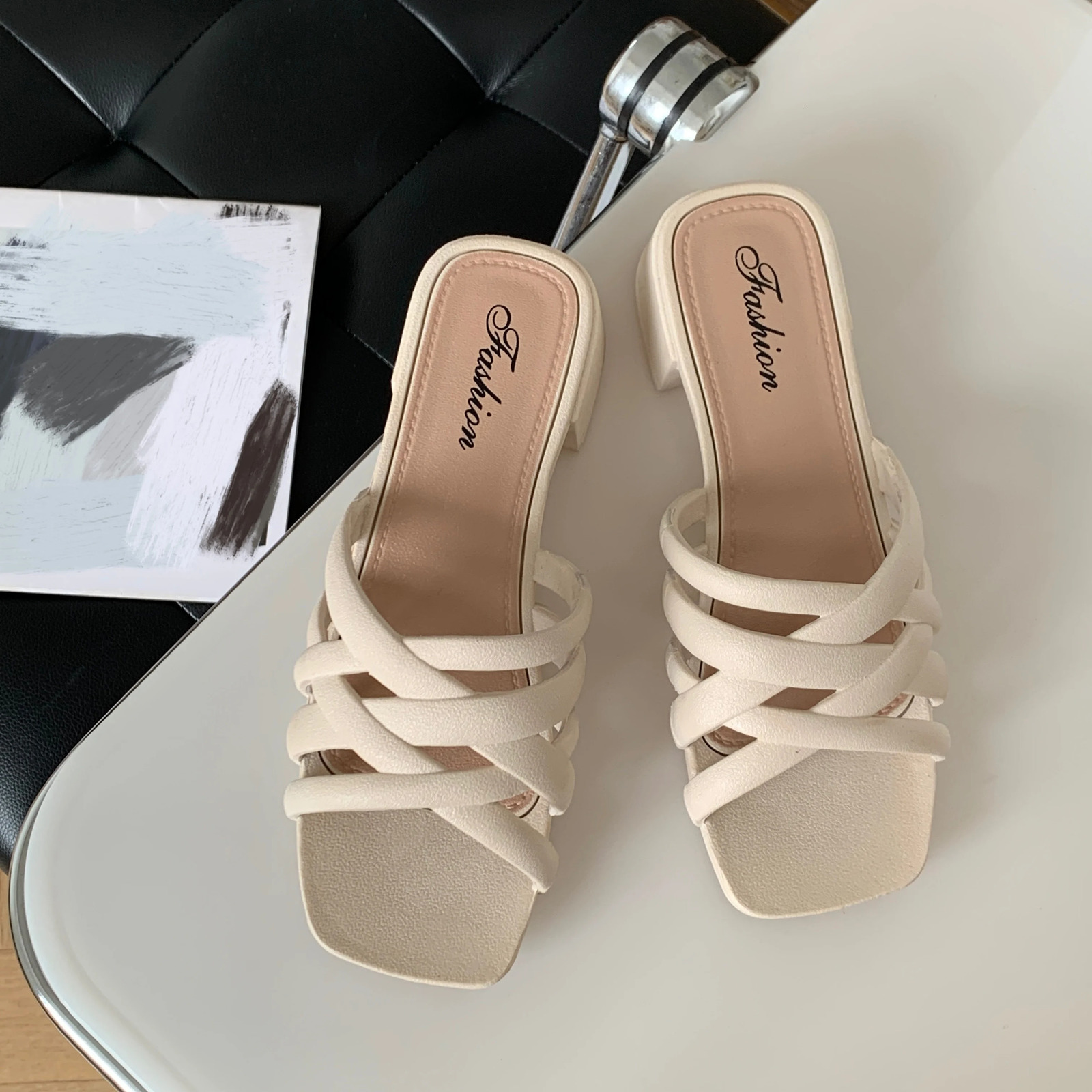 Womens Fashion Summer PVC Outerwear Middle Heel Sliding Casual Beach Thick Sandals Hollow Shoes 250421BJ - view 3