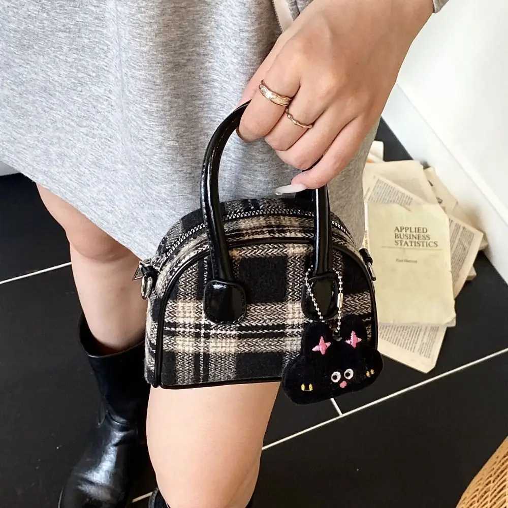 Fashion French Style Woolen Plaid Bowling Bag Elegant Cloth Boston Shoulder Bag Large Capacity PU Leather Women Handbags WomenT251122