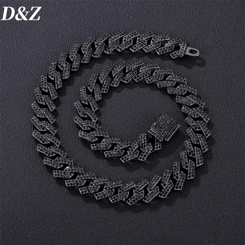 D Z Hip Hop Black Color 15MM Cuban Link Chain 2 Row Black Iced Out Rhinestones Rapper Necklaces For Men Women Choker Jewelry 250420