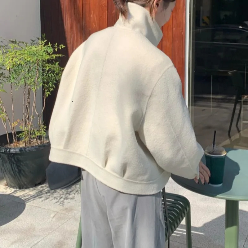 EWQ Elegant Stand Collar n With Zipper And Button Long Sleeve Woolen Short Coat Cardigan Pocket Warm Winter Jacket 251112