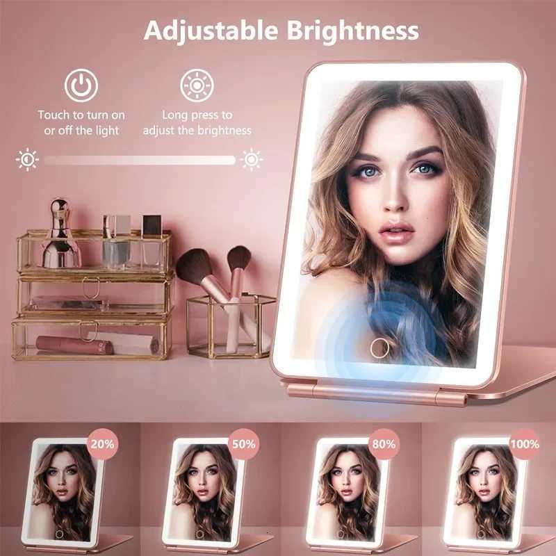 Portable Vanity Mirrors 3 Color LED Light Dimmable Touch Screen Makeup Mirror Rechargeable Foldable Tabletop Light Up Mirror M251122